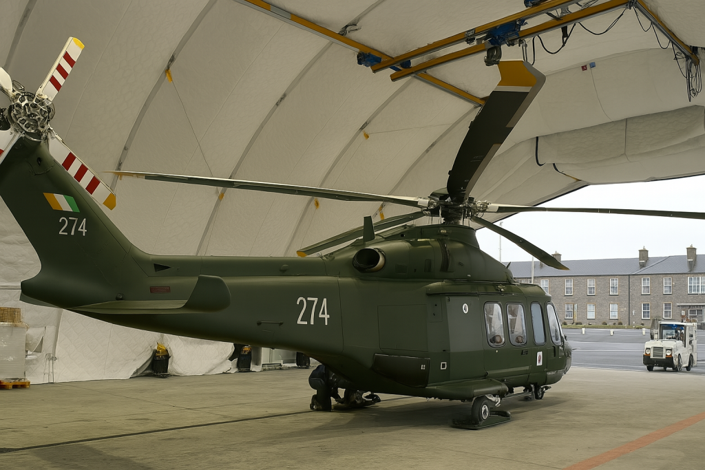 A photograph of a helicopter in a Weatherhaven supplied hangar