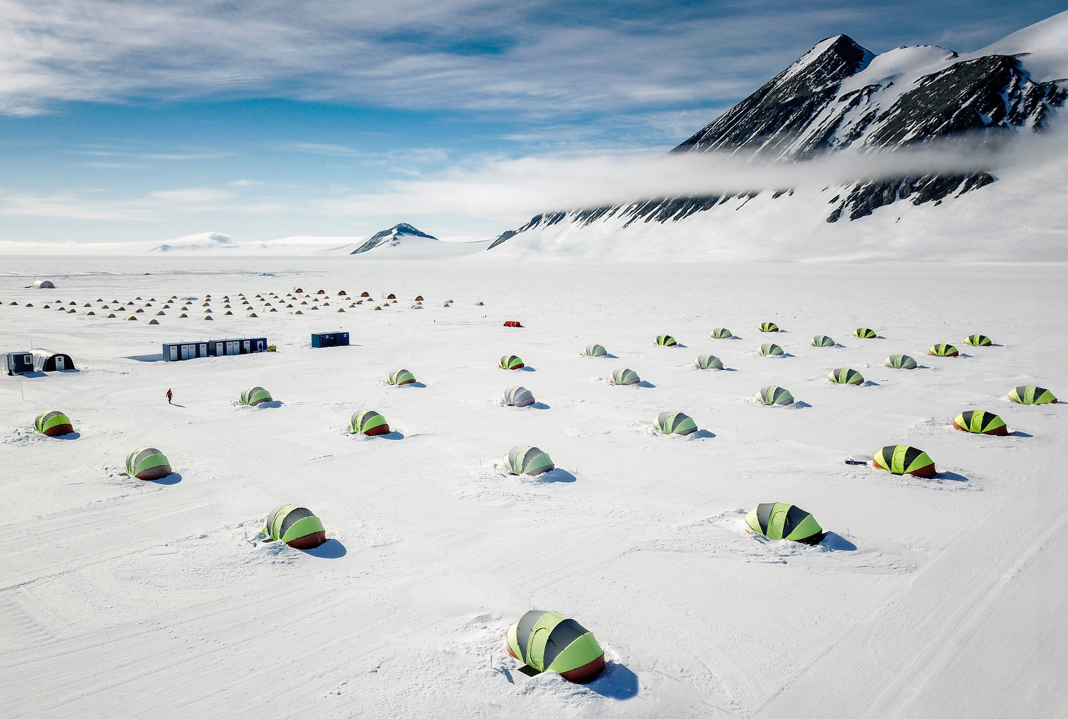 Endurance shelters in an array on Union Glacier