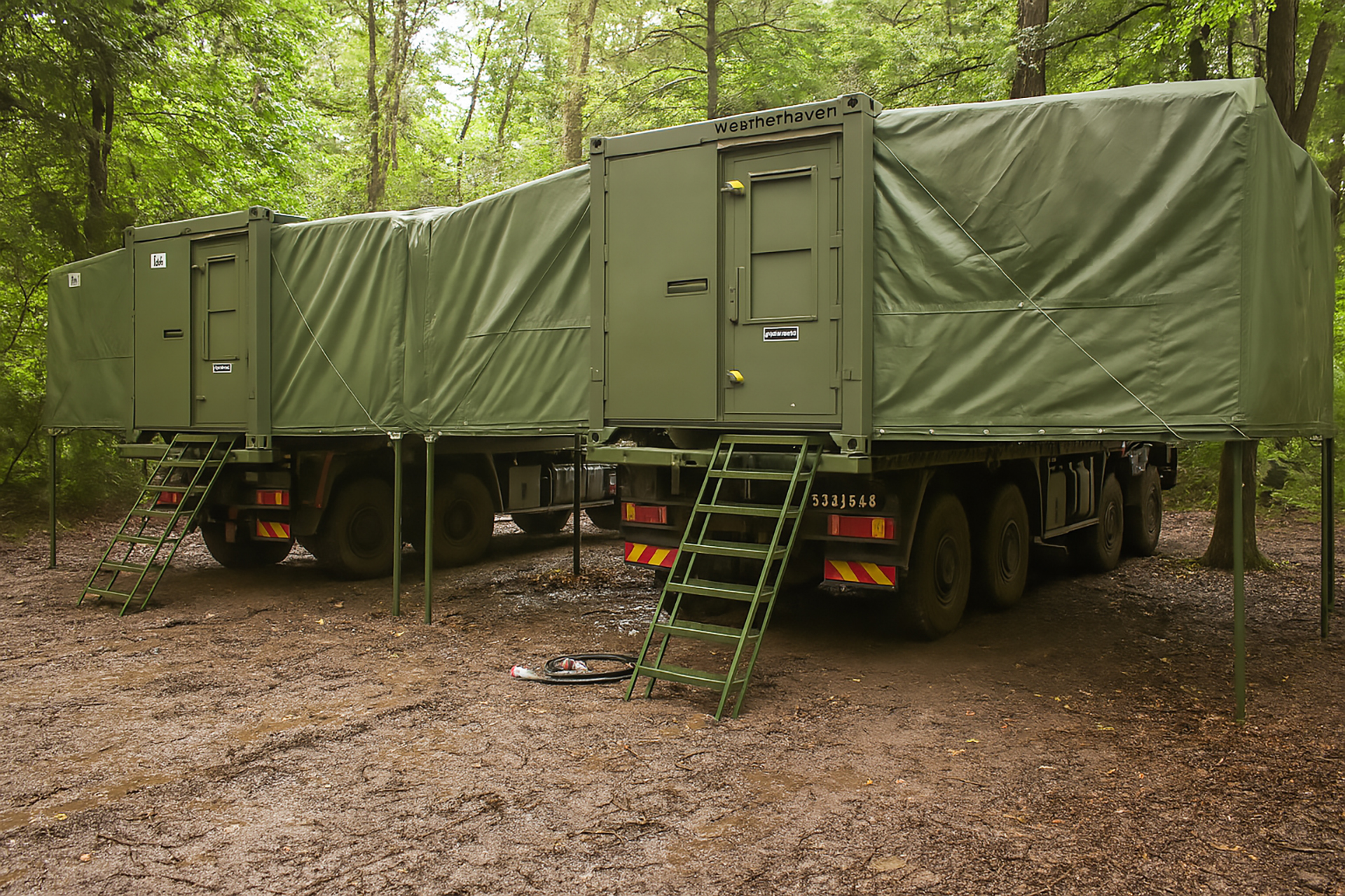 2 MECCs complexed in a forest on military exercise