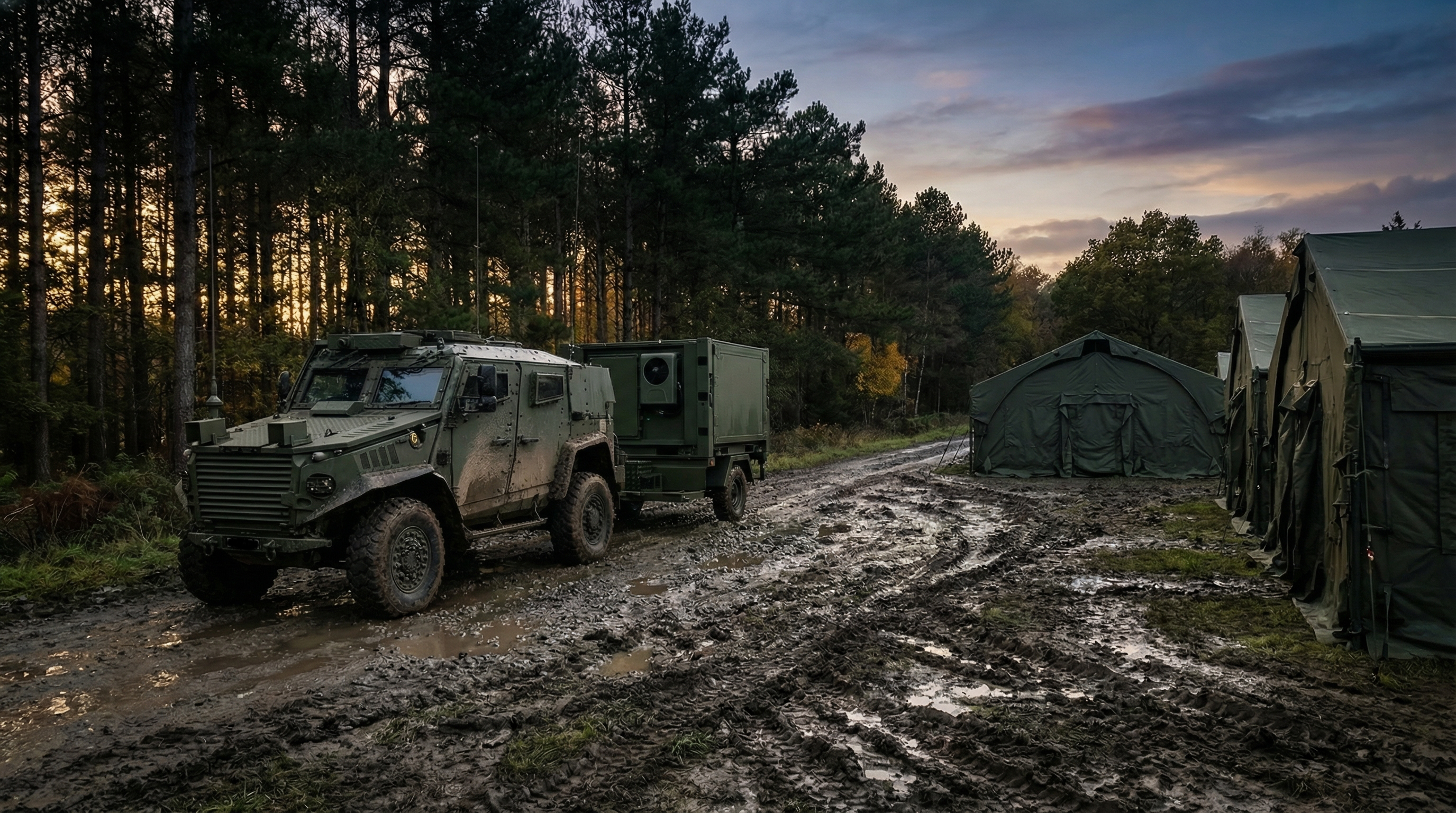 UK Foxhound vehicle towing a TRECC shelter with RDMSS shelters