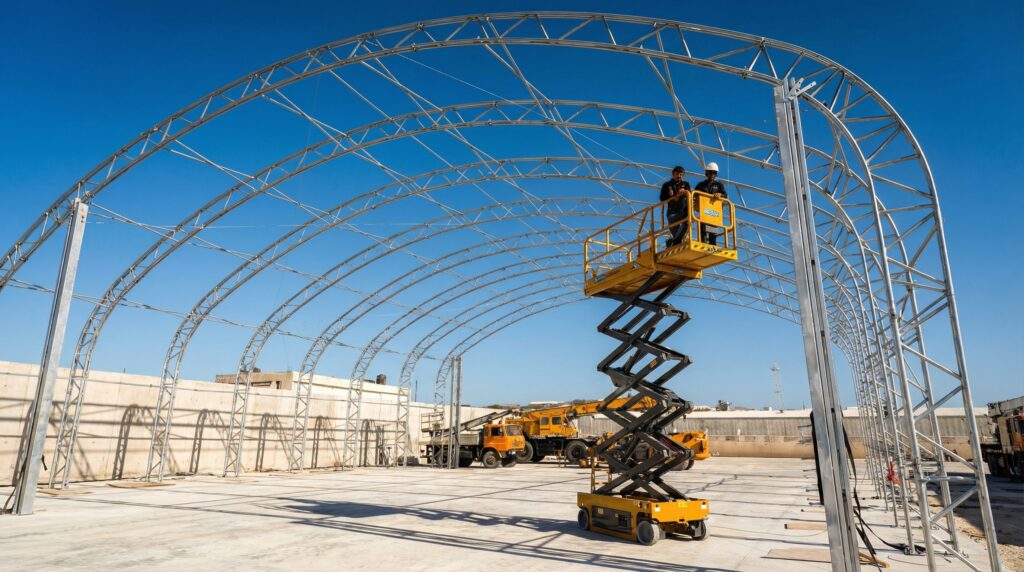 Scissor lift assistance for hangar frames
