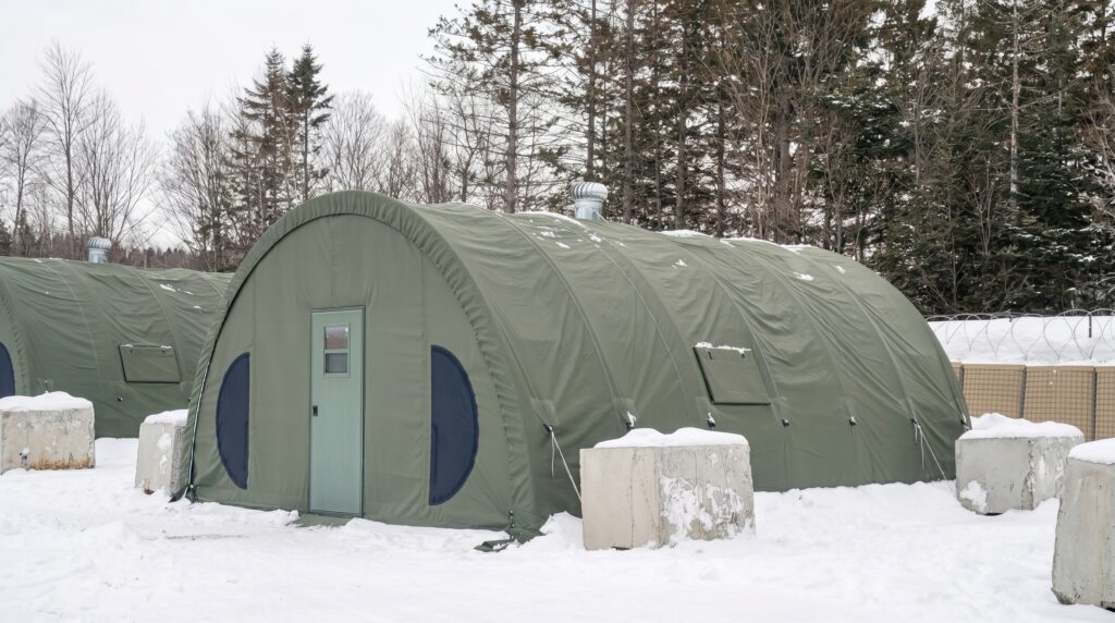 Weatherhaven installs 7 of our Series 4 shelter systems during a Quebec Winter