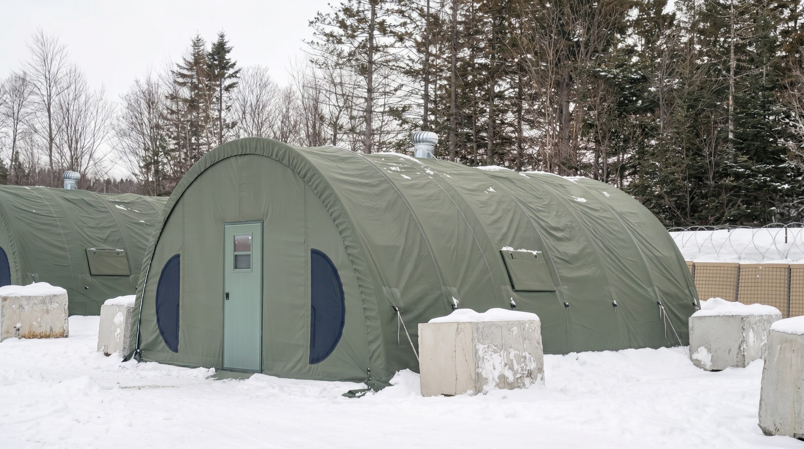 Weatherhaven installs 7 of our Series 4 shelter systems during a Quebec Winter